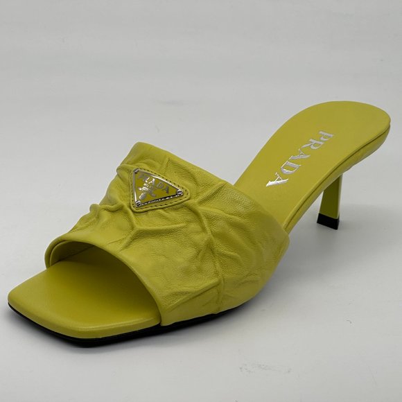 PRADA Signature Logo Antique Crinkled Leather Mules Sandals Heels Shoes - Picture 1 of 14
